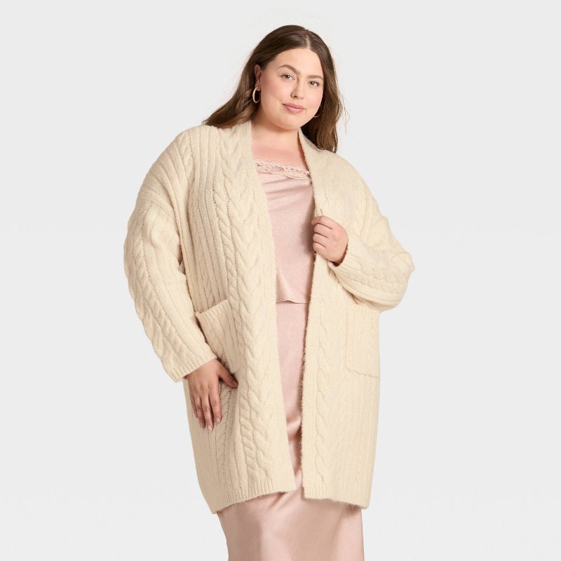 slide 1 of 3, Women's Long Sleeve Cabled Cardigan Sweater - A New Day™ Cream M, 1 ct