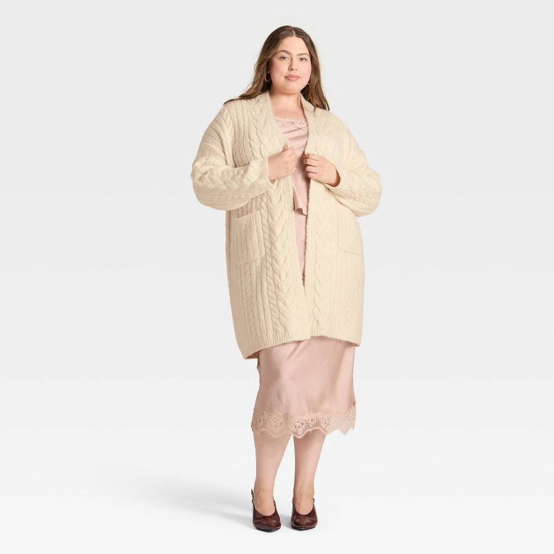 slide 3 of 3, Women's Long Sleeve Cabled Cardigan Sweater - A New Day™ Cream XXL, 1 ct