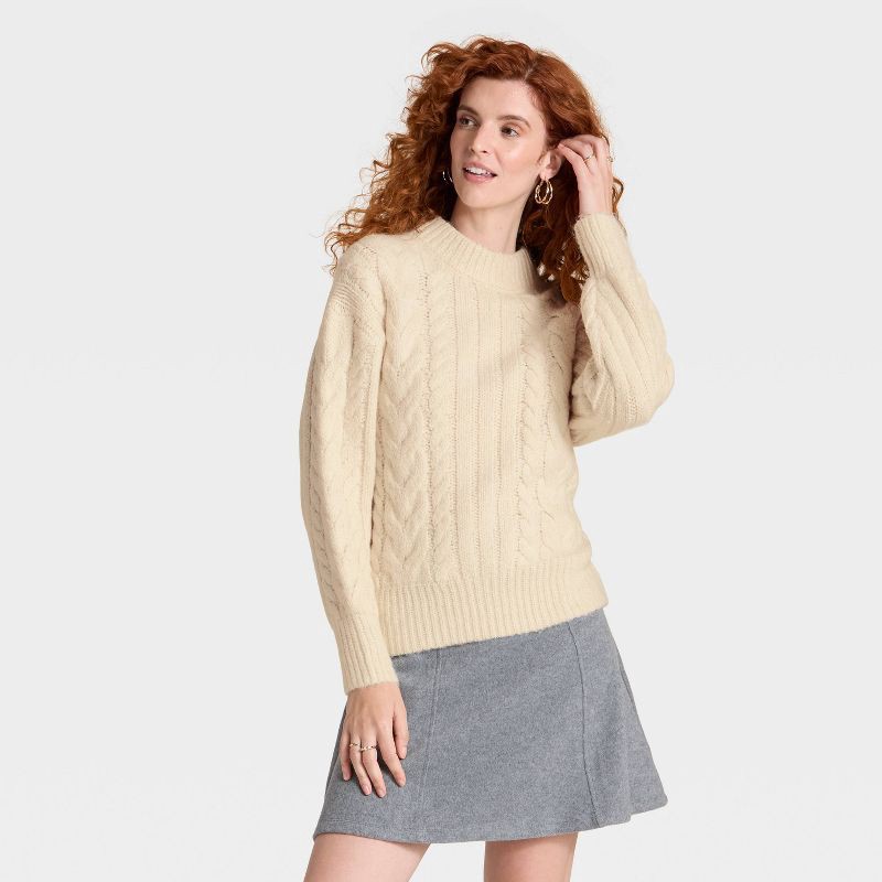 slide 1 of 3, Women's Cabled Sweater - A New Day™ Cream XS, 1 ct