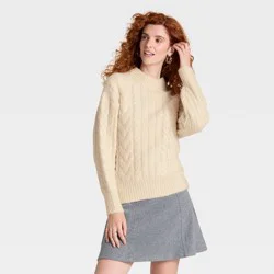 Women's Round Neck Cabled Sweater - A New Day™ Cream M