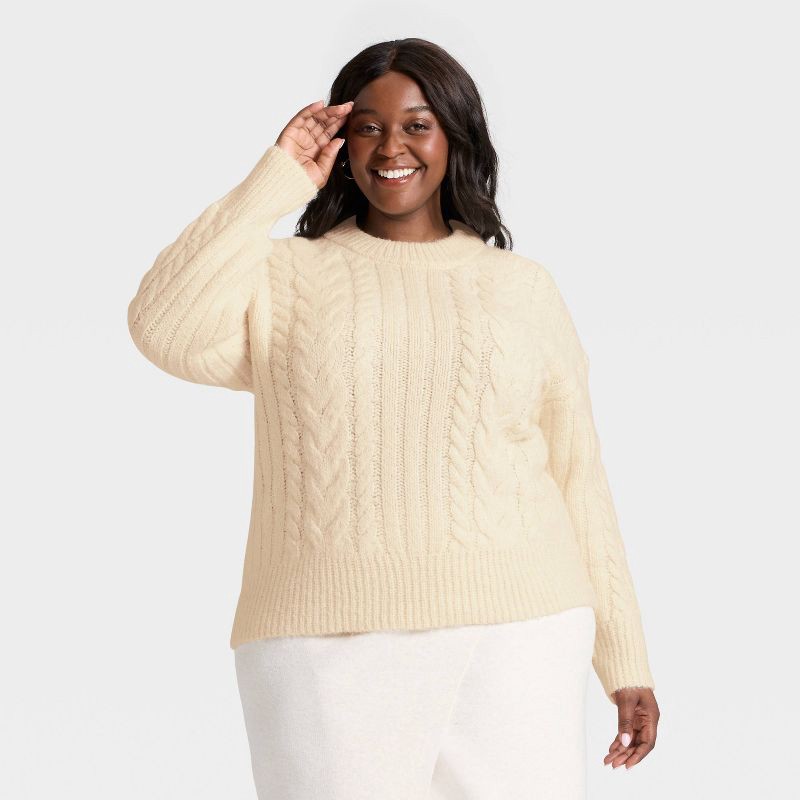 slide 1 of 3, Women's Cabled Sweater - A New Day™ Cream XXL, 1 ct