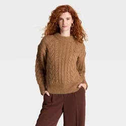 Women's Round Neck Cable Knit Pullover Sweater - A New Day™ Heather Brown S