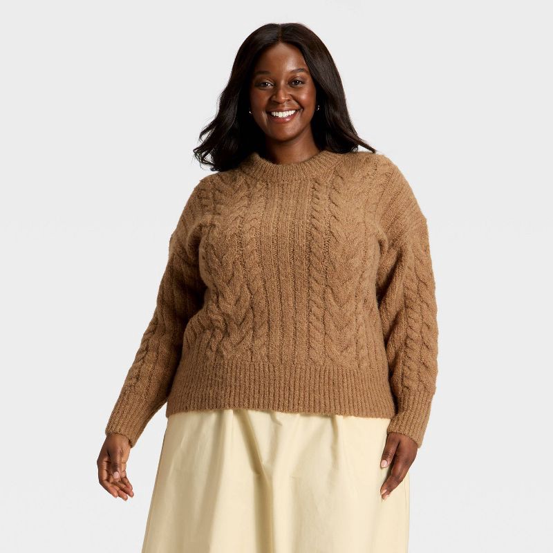 slide 1 of 3, Women's Cabled Sweater - A New Day™ Heather Brown XXL, 1 ct