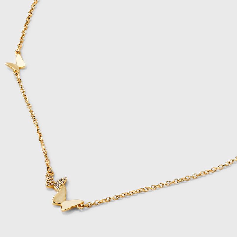 slide 4 of 4, 14K Gold Dipped Cubic Zirconia Triple Butterfly Station Necklace - Gold, 1 ct