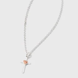 Silver Plated Two Tone Cross with Heart Pendant Necklace - Silver/Rose Gold