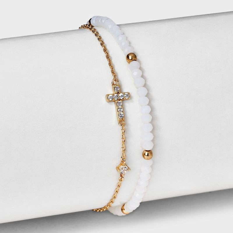 slide 2 of 4, 14K Gold Dipped Cubic Zirconia Beaded Stretch and Cross Chain Bracelet Set 2pc - Gold, 2 ct