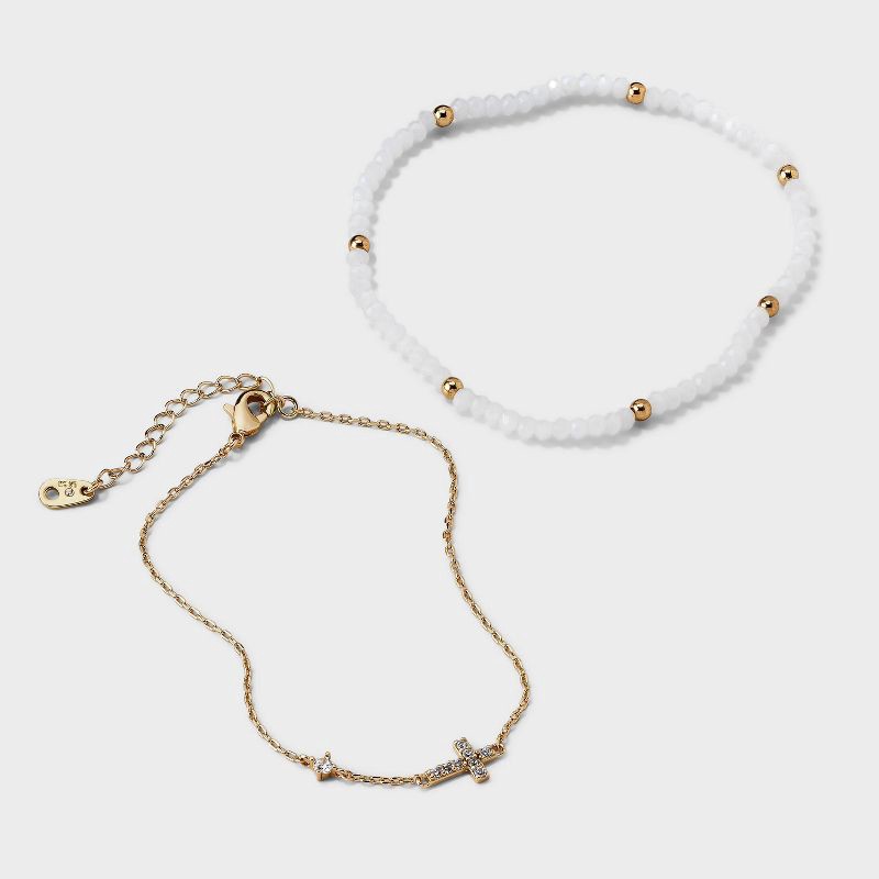 slide 3 of 4, 14K Gold Dipped Cubic Zirconia Beaded Stretch and Cross Chain Bracelet Set 2pc - Gold, 2 ct