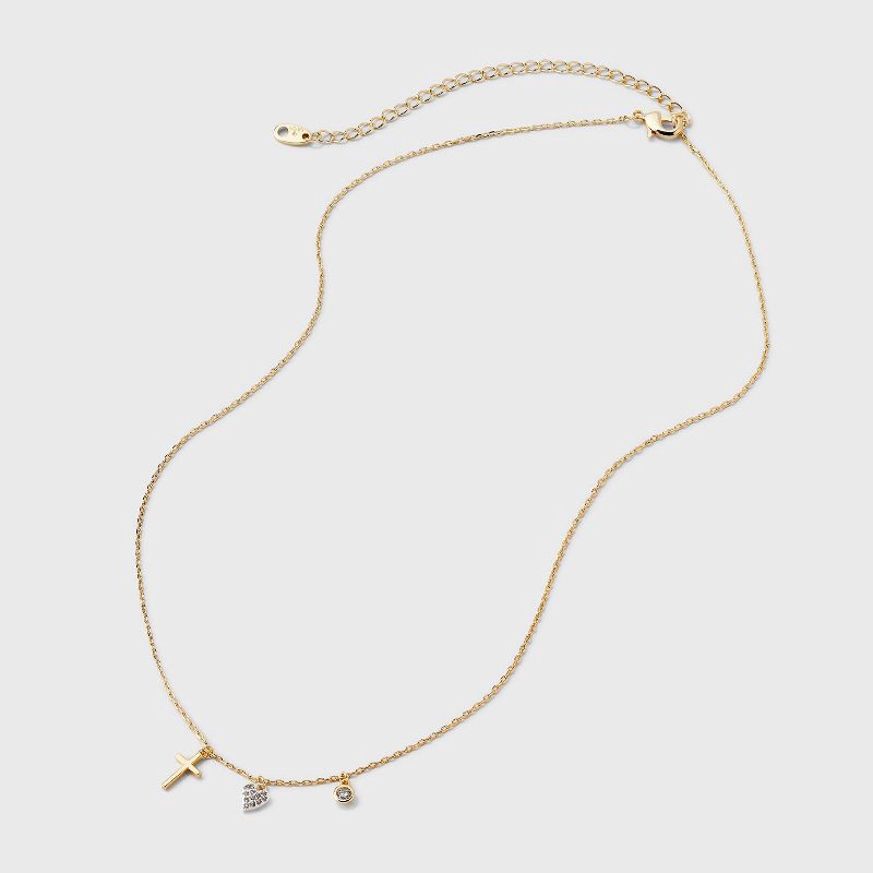 slide 2 of 4, 14K Gold Dipped Cubic Zirconia Bezel Heart and Cross Necklace - Gold, 1 ct