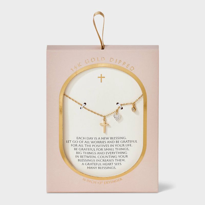 slide 3 of 4, 14K Gold Dipped Cubic Zirconia Bezel Heart and Cross Necklace - Gold, 1 ct