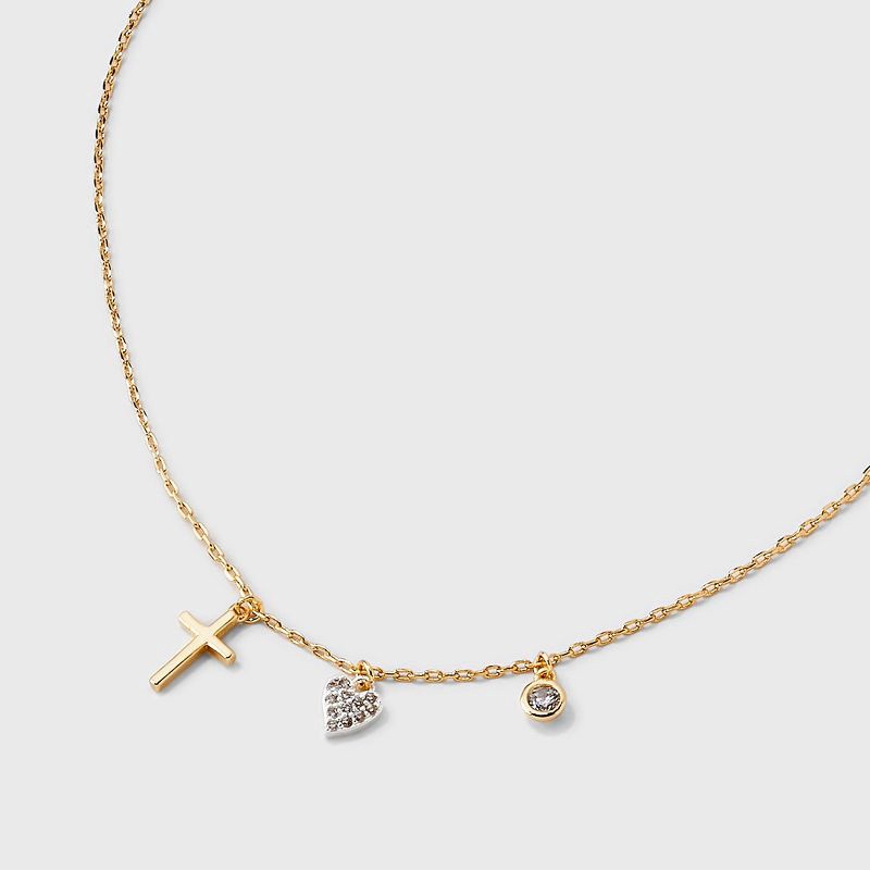 slide 4 of 4, 14K Gold Dipped Cubic Zirconia Bezel Heart and Cross Necklace - Gold, 1 ct