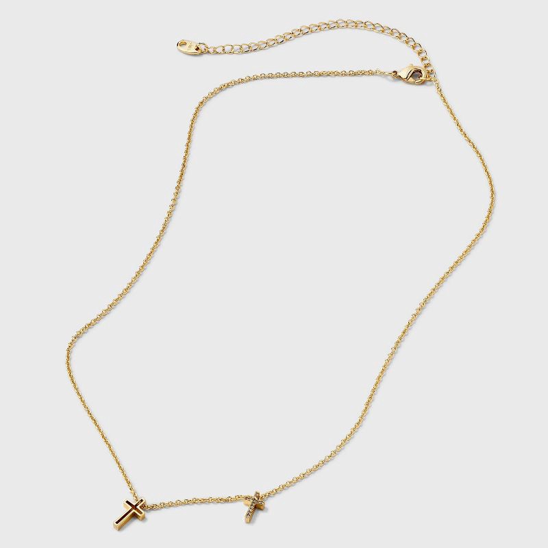 slide 2 of 4, 14K Gold Dipped Cubic Zirconia Double Cross Pendant Necklace - Gold, 1 ct