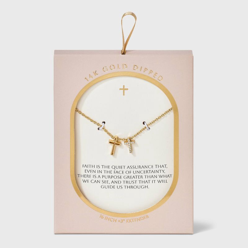 slide 3 of 4, 14K Gold Dipped Cubic Zirconia Double Cross Pendant Necklace - Gold, 1 ct