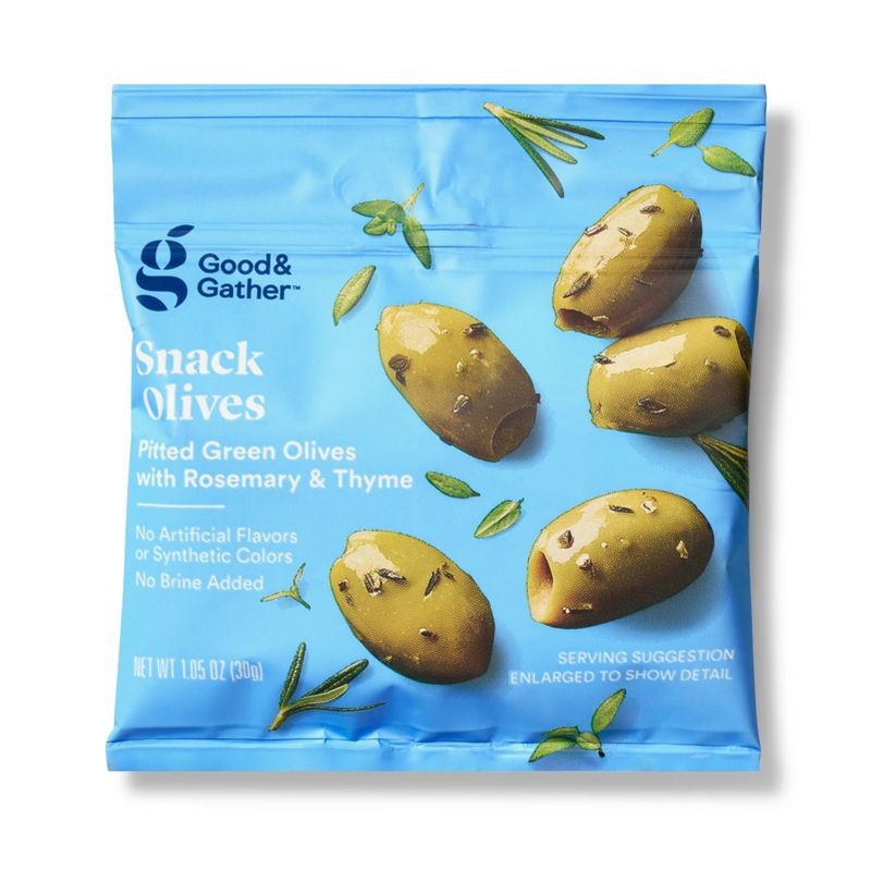 slide 1 of 3, Snack Pitted Green Olives with Rosemary and Thyme - 1.05 oz - Good & Gather™, 1.05 oz