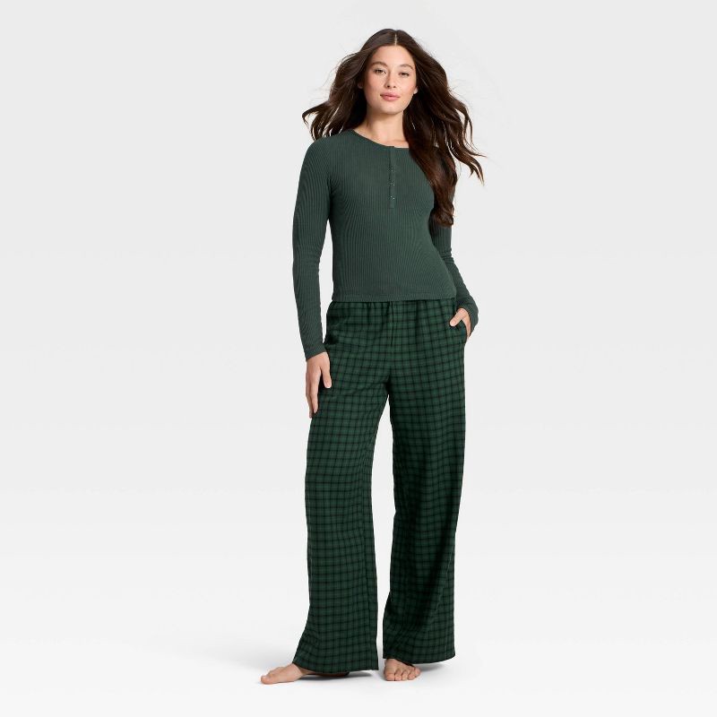 slide 3 of 3, Women's Cozy Ribbed Long Sleeve Henley Pullover - Auden™ Green XS, 1 ct