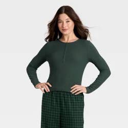 Women's Cozy Ribbed Long Sleeve Henley Pullover - Auden™ Green L