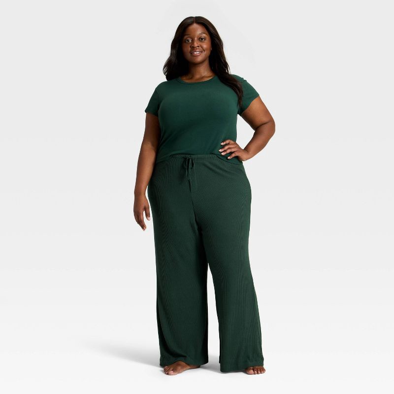 slide 3 of 3, Women's Cozy Ribbed Wide Leg Pants - Auden™ Green M, 1 ct