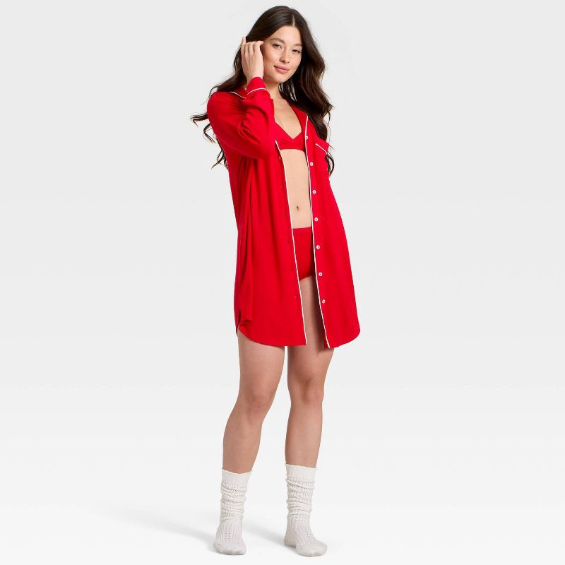 slide 3 of 3, Women's Cloud Knit Modal Notch Collar Long Sleeve Nightgown - Auden™ Red XXL, 1 ct