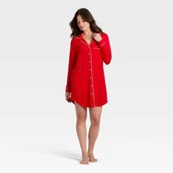 Women's Cloud Knit Modal Notch Collar Long Sleeve Nightgown - Auden™ Red XXL