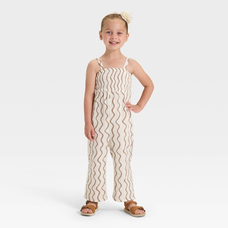 slide 3 of 3, Grayson Mini Toddler Girls' Smocked Wavy Striped Printed Jumpsuit - Cream/Brown 18M, 1 ct