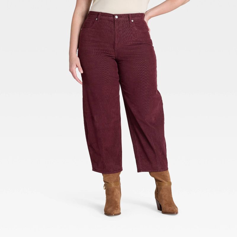 slide 4 of 5, Women's High-Rise Corduroy Barrel Jeans - Universal Thread™ Burgundy 2, 1 ct