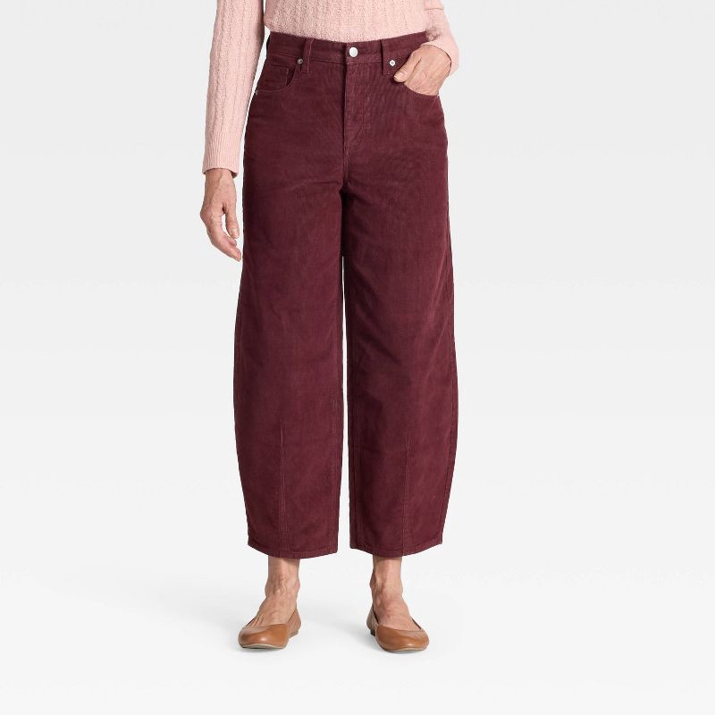 slide 1 of 5, Women's High-Rise Corduroy Barrel Jeans - Universal Thread™ Burgundy 6, 1 ct