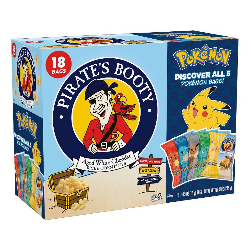 slide 1 of 5, Pirate's Booty Aged Chips White Cheddar Puffs Snack Multipack Pokemon - 9oz/18ct, 18 ct; 9 oz