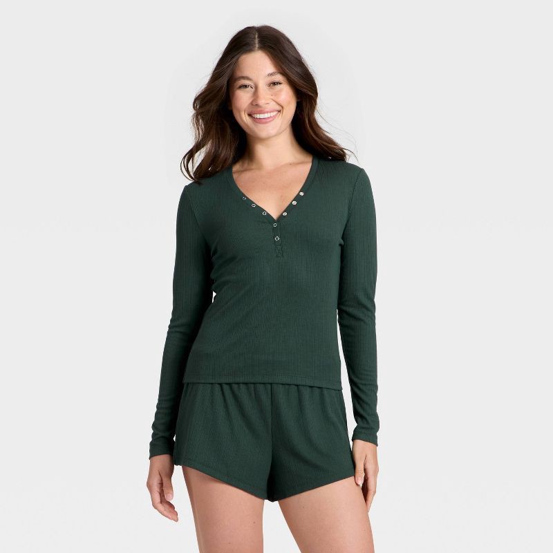 slide 1 of 3, Women's Ribbed Long Sleeve Shirt and Shorts Pajama Set - Auden™ Green L, 1 ct