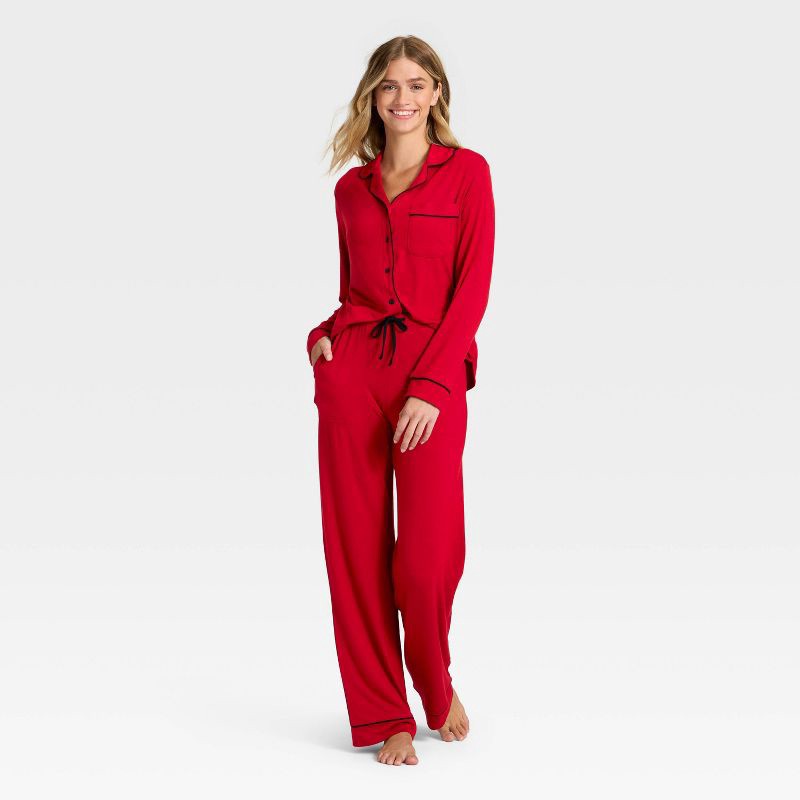 slide 1 of 3, Women's Cloud Knit Modal Long Sleeve Notch Collar Top and Pants Pajama Set - Auden™ Red XXL, 1 ct