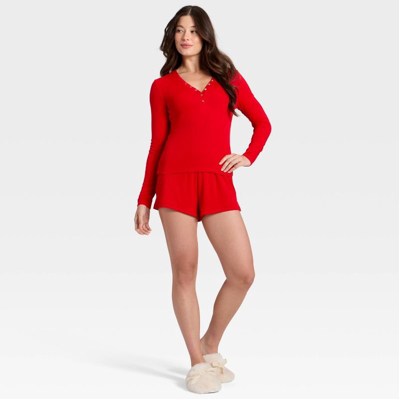 slide 3 of 3, Women's Ribbed Long Sleeve Shirt and Shorts Pajama Set - Auden™ Red L, 1 ct