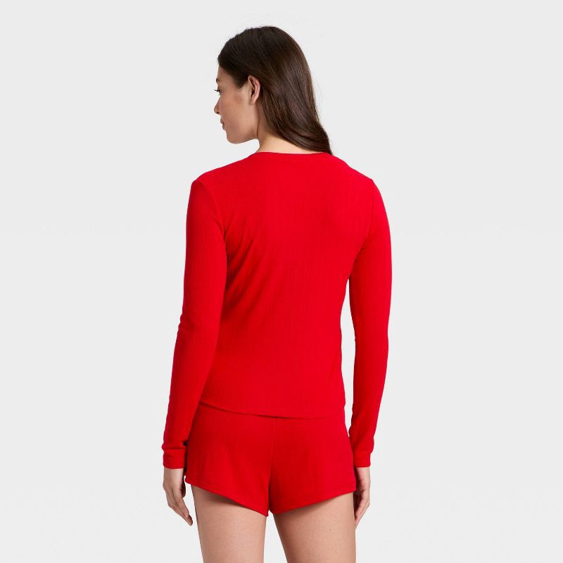 slide 2 of 3, Women's Ribbed Long Sleeve Shirt and Shorts Pajama Set - Auden™ Red XL, 1 ct