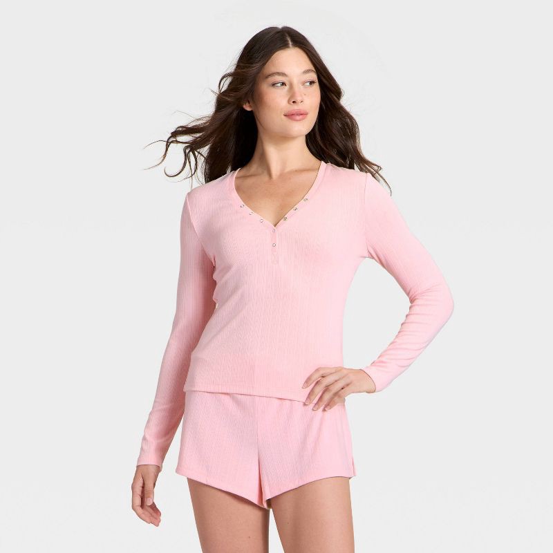 slide 1 of 3, Women's Ribbed Long Sleeve Shirt and Shorts Pajama Set - Auden™ Pink XS, 1 ct
