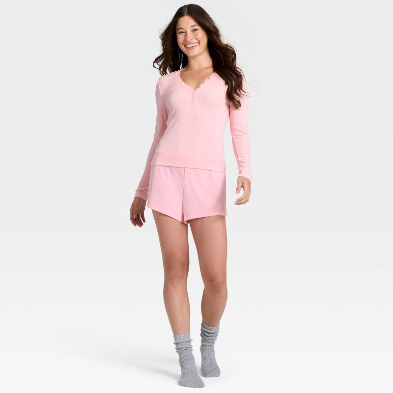 slide 3 of 3, Women's Ribbed Long Sleeve Shirt and Shorts Pajama Set - Auden™ Pink XL, 1 ct