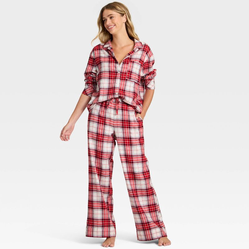 slide 3 of 3, Women's Flannel Long Sleeve Button Down Shirt and Pants Pajama Set - Auden™ Cream/Red Plaid L, 1 ct