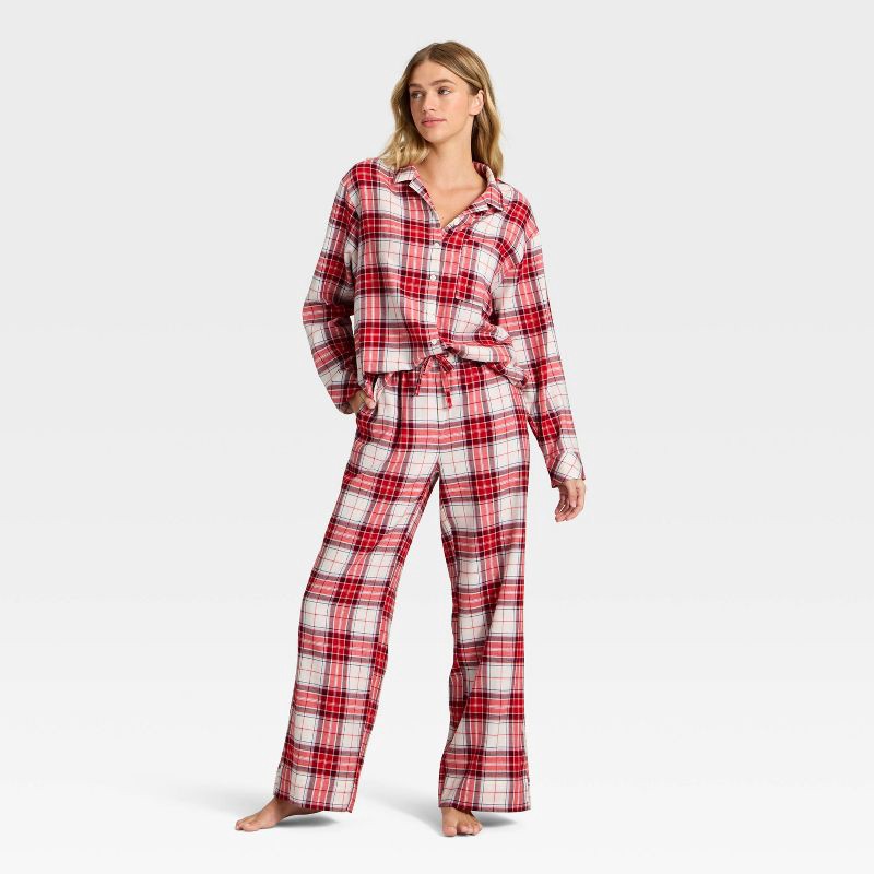 slide 1 of 3, Women's Flannel Long Sleeve Button Down Shirt and Pants Pajama Set - Auden™ Cream/Red Plaid L, 1 ct