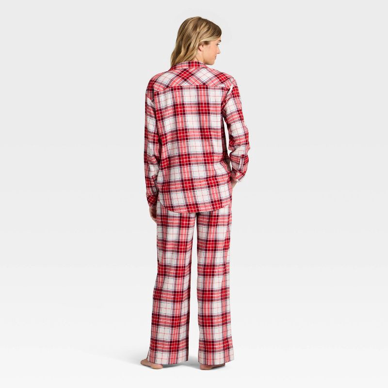slide 2 of 3, Women's Flannel Long Sleeve Button Down Shirt and Pants Pajama Set - Auden™ Cream/Red Plaid XXL, 1 ct