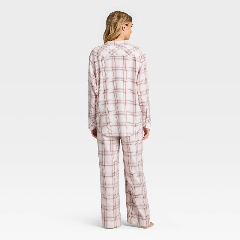 slide 2 of 3, Women's Flannel Long Sleeve Button Down Shirt and Pants Pajama Set - Auden™ Cream/Pink Plaid S, 1 ct