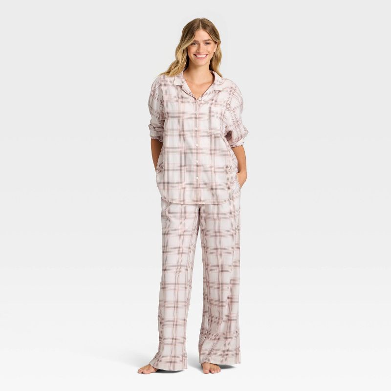 slide 1 of 3, Women's Flannel Long Sleeve Button Down Shirt and Pants Pajama Set - Auden™ Cream/Pink Plaid M, 1 ct
