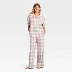 Women's Flannel Long Sleeve Button Down Shirt and Pants Pajama Set - Auden™ Cream/Pink Plaid XXL