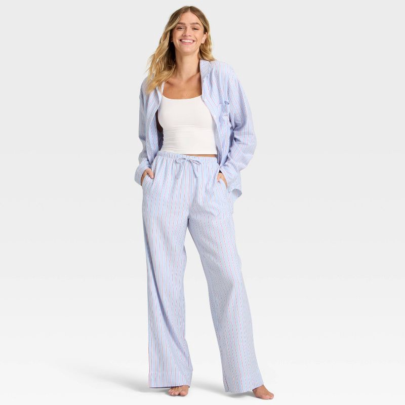 slide 3 of 3, Women's Flannel Long Sleeve Button Down Shirt and Pants Pajama Set - Auden™ Blue/Red Stripe L, 1 ct