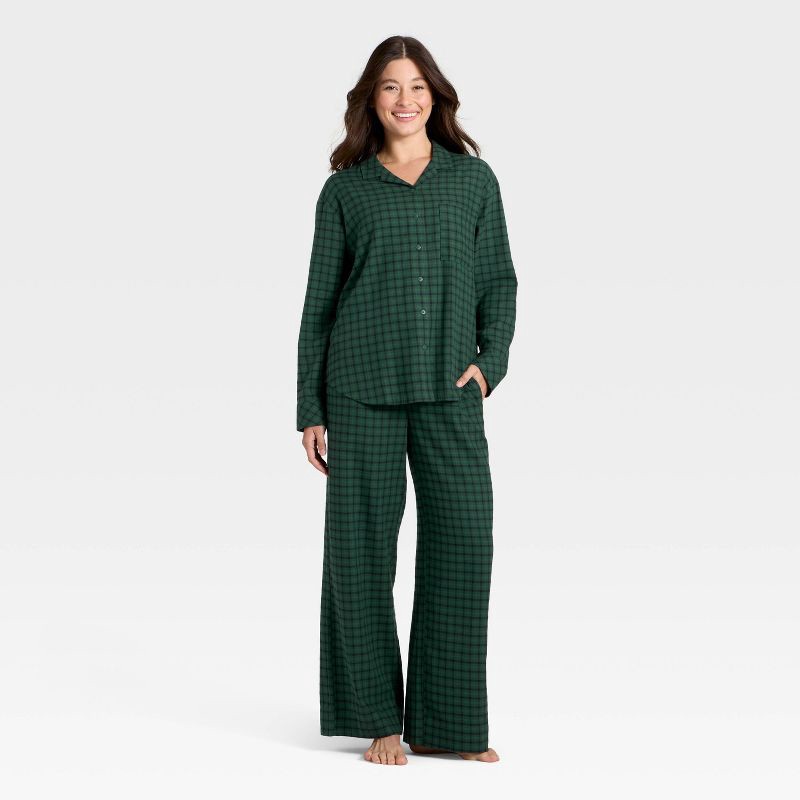 slide 1 of 3, Women's Flannel Long Sleeve Button Down Shirt and Pants Pajama Set - Auden™ Green Plaid L, 1 ct