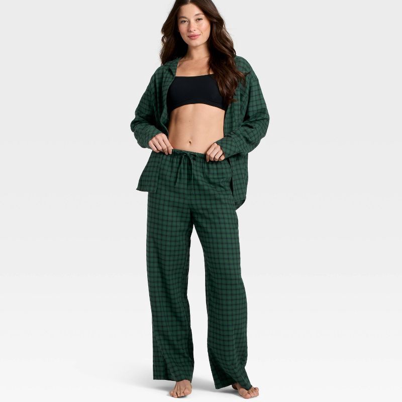 slide 3 of 3, Women's Flannel Long Sleeve Button Down Shirt and Pants Pajama Set - Auden™ Green Plaid L, 1 ct
