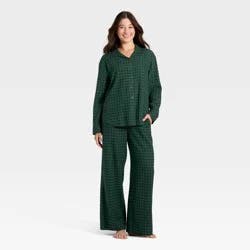 Women's Flannel Long Sleeve Button Down Shirt and Pants Pajama Set - Auden™ Green Plaid XL