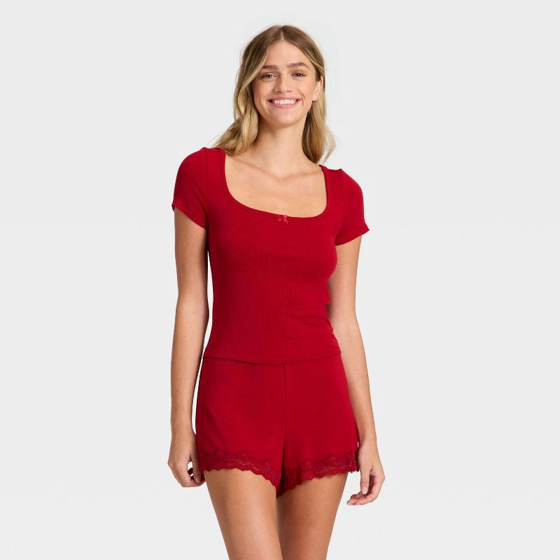 slide 1 of 3, Women's Ribbed Short Sleeve Shirt and Shorts Pajama Set - Auden™ Red M, 1 ct