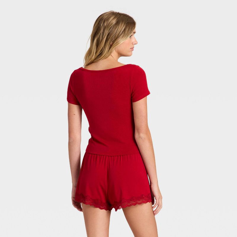 slide 2 of 3, Women's Ribbed Short Sleeve Shirt and Shorts Pajama Set - Auden™ Red L, 1 ct