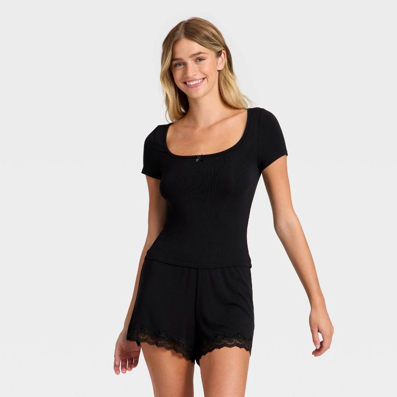 slide 1 of 3, Women's Ribbed Short Sleeve Shirt and Shorts Pajama Set - Auden™ Black XXL, 1 ct