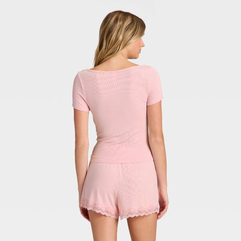 slide 2 of 3, Women's Ribbed Short Sleeve Shirt and Shorts Pajama Set - Auden™ Pink S, 1 ct