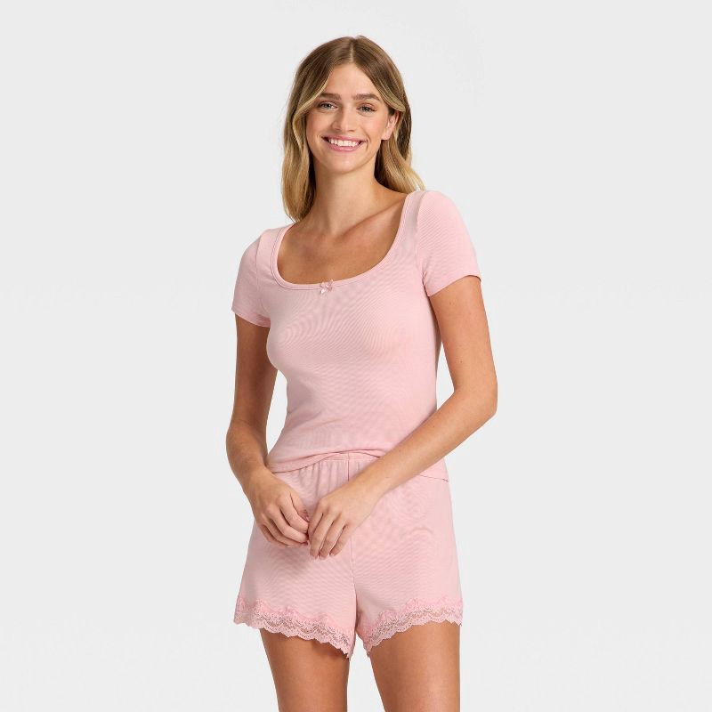 slide 1 of 3, Women's Ribbed Short Sleeve Shirt and Shorts Pajama Set - Auden™ Pink M, 1 ct
