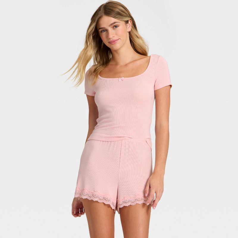 slide 3 of 3, Women's Ribbed Short Sleeve Shirt and Shorts Pajama Set - Auden™ Pink XXL, 1 ct