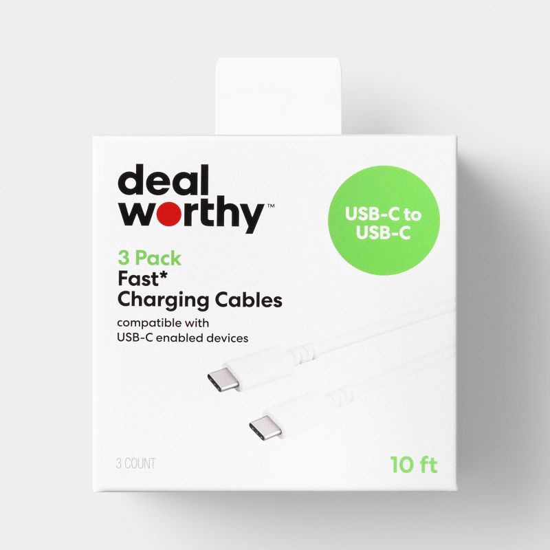 slide 1 of 3, 10ft USB C to USB C 3pk Charging Cable - dealworthy™ - White, 10 ft, 3 ct