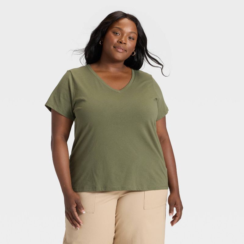 slide 1 of 3, Women's Short Sleeve V-Neck T-Shirt - Ava & Viv™ Dark Green 1X, 1 ct